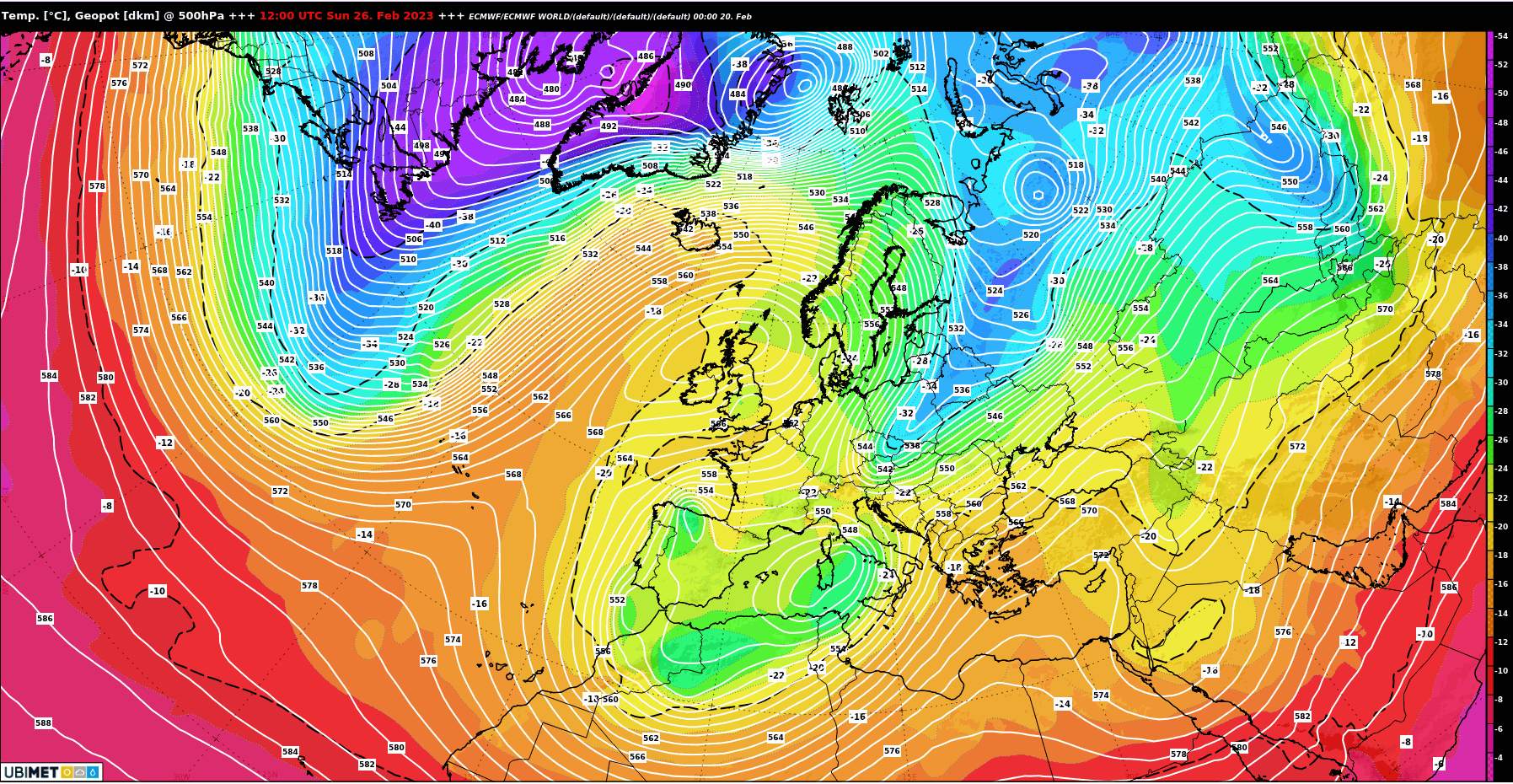Abb. 4: Wetterlage nach dem europäischen Wettermodell ECMWF am kommenden Sonntag: Höhentrog über dem westlichen Mittelmeerraum mit Tief über Sardinien; Quelle: ECMWF