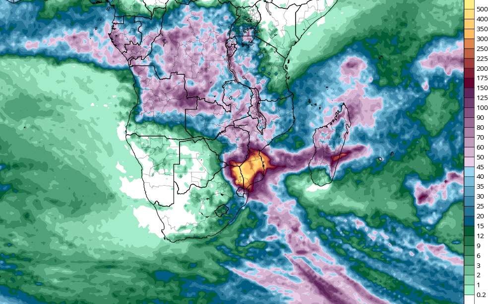 Abb. 2: Akkumulierte Niederschläge bis Ende Februar (1. März 00 UTC, Modell ECMWF); Quelle: tropicaltidbits.com