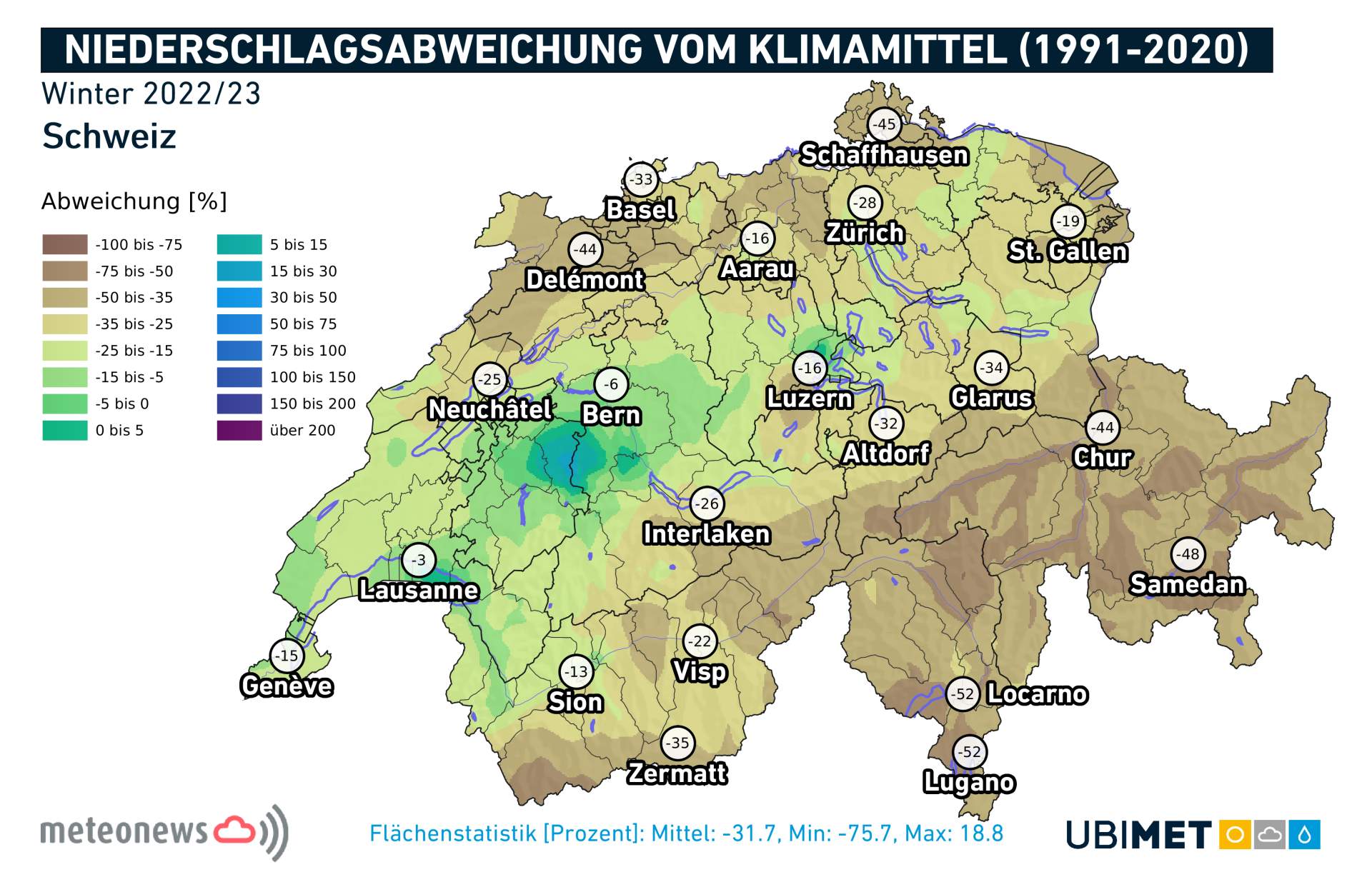 Fig. 2: Anomalie des précipitations pour l'hiver 2022-2023; Source: UBIMET