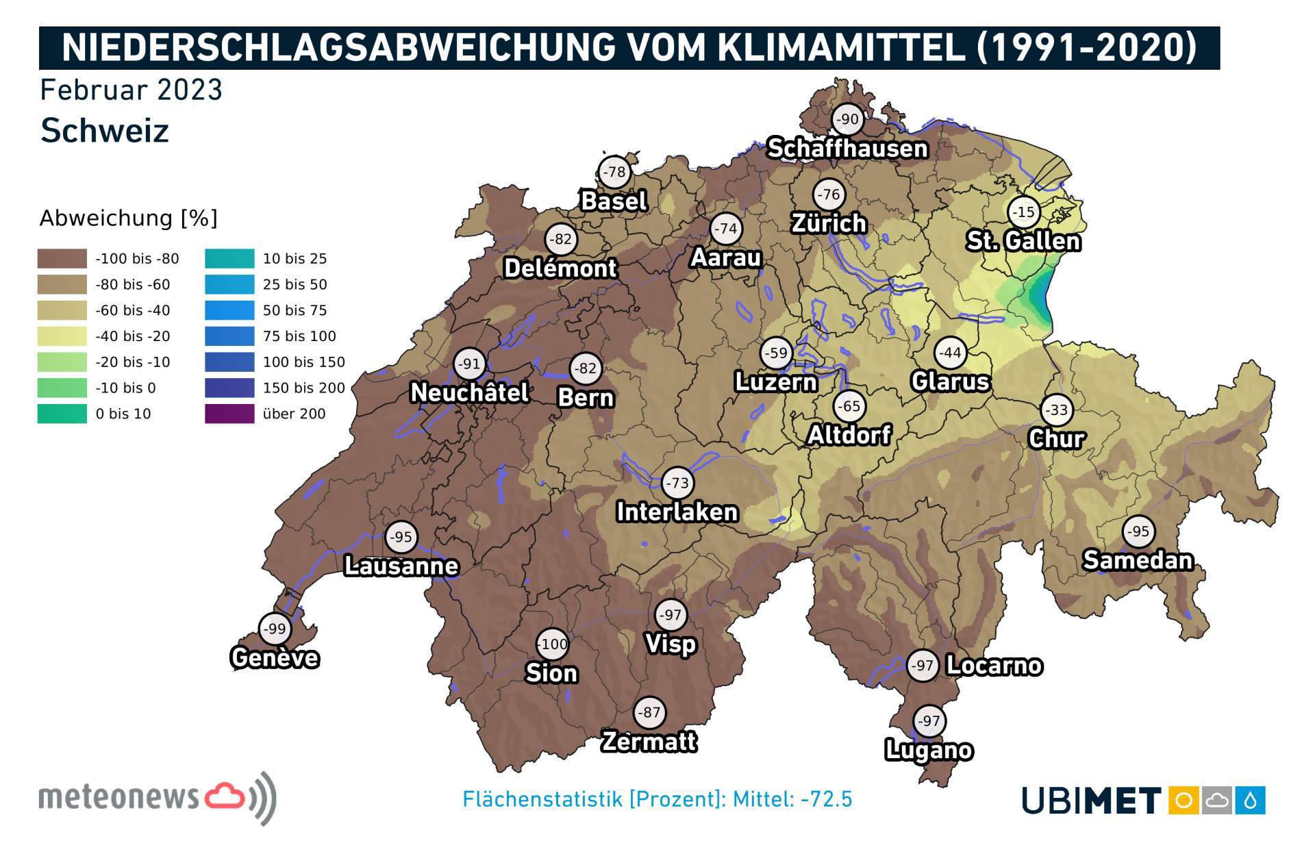 Fig. 3: Un mois de février exceptionnellement sec, notamment en Suisse romande; Source: UBIMET