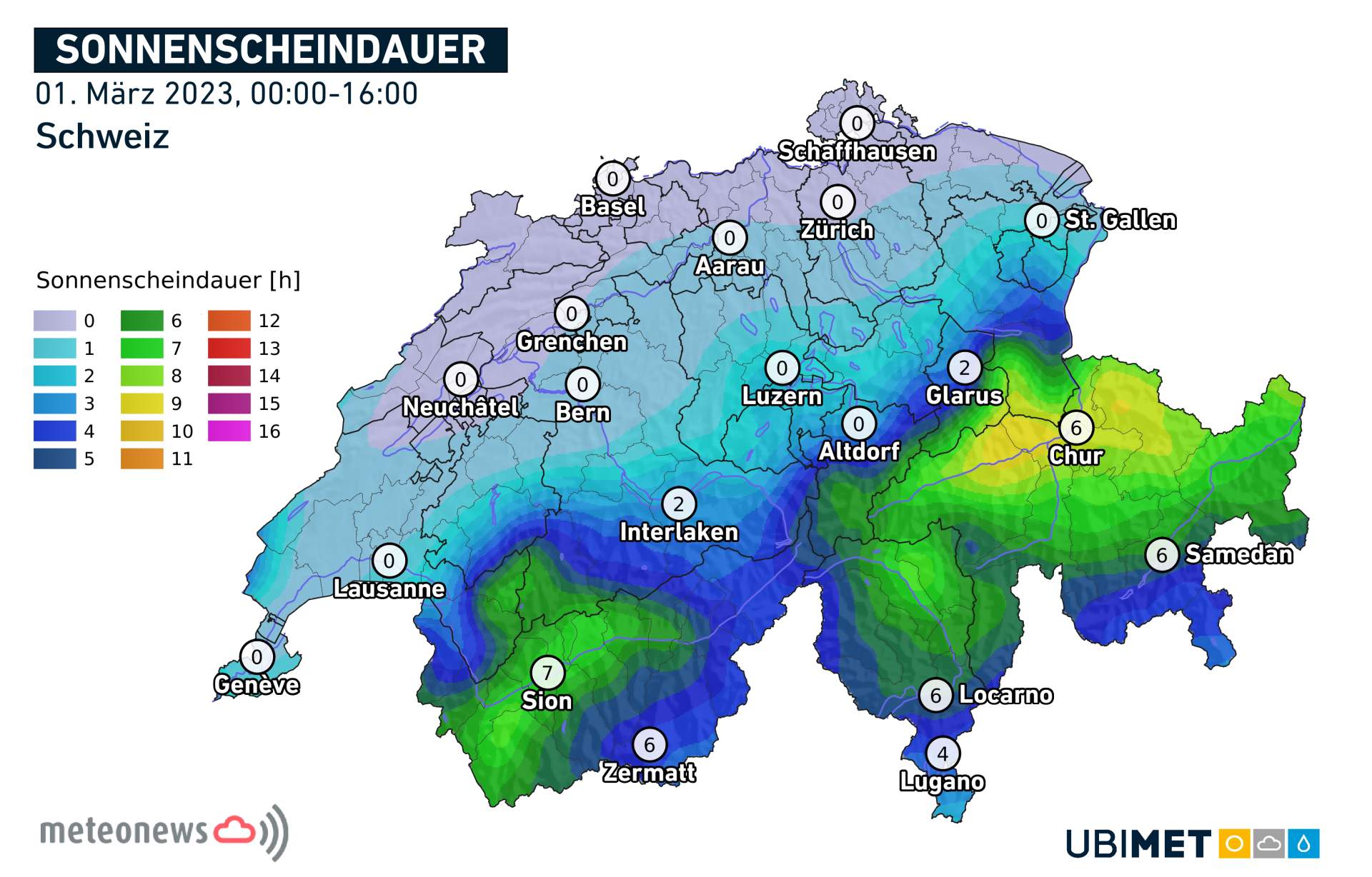 Fig. 1: Durée d'ensoleillement en Suisse le 1er mars; Source: UBIMET