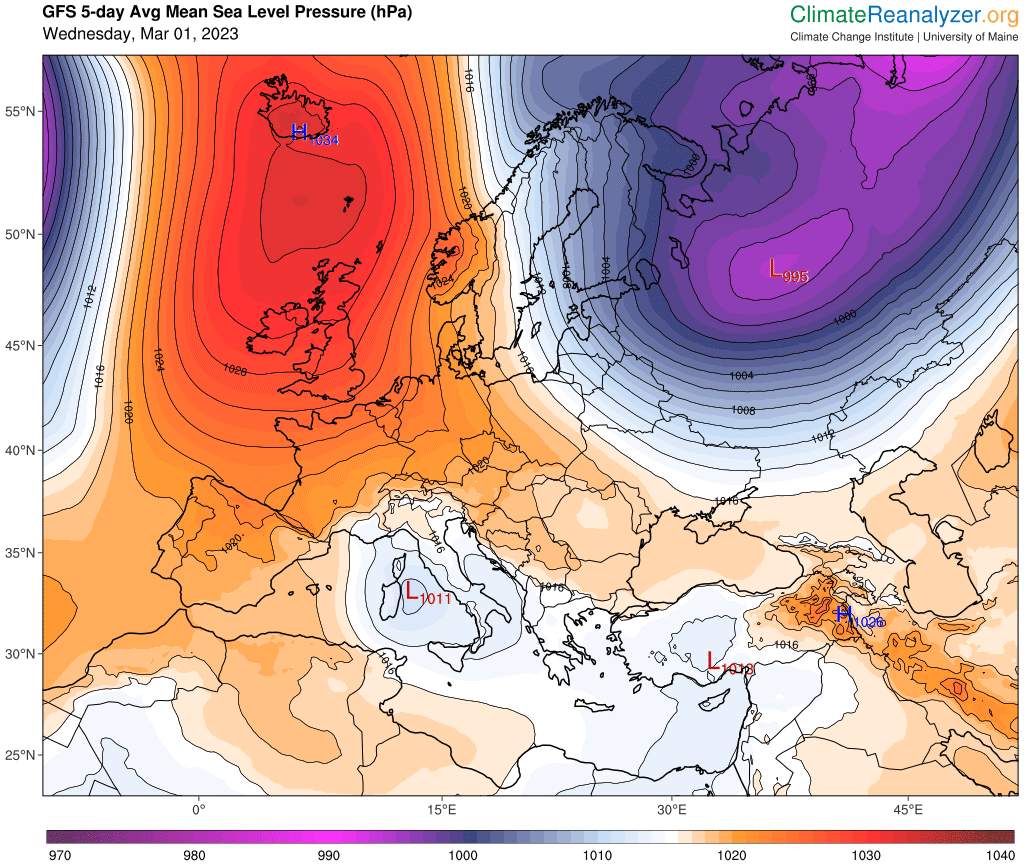 Fig. 3: Anomalie moyenne du champ de pression pour les 5 prochains jours au-dessus de l'Europe; Source: climatereanalyzer