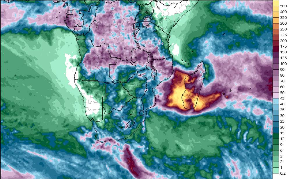 Abb. 2: Akkumulierte Niederschläge bis 12. März 00 UTC (ECMWF); Quelle: tropicaltidbits.com
