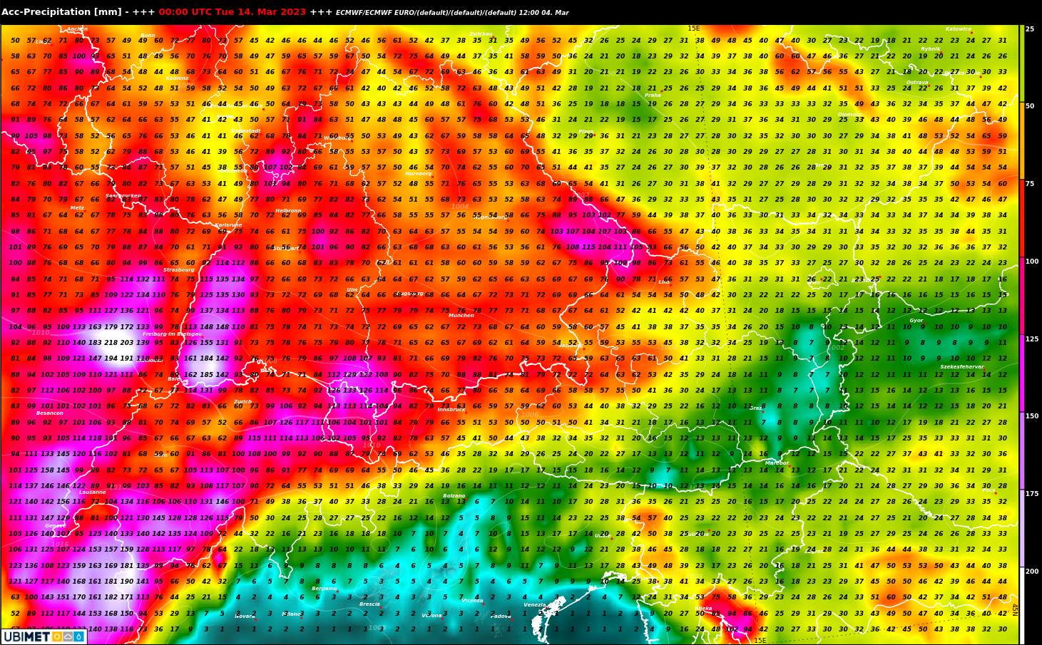 Abb. 1: Kummulierte Niederschlagssumme bis Dienstag in einer Woche nach dem europäischen Wettermodell ECMWF; Quelle: MeteoNews, Ubimet