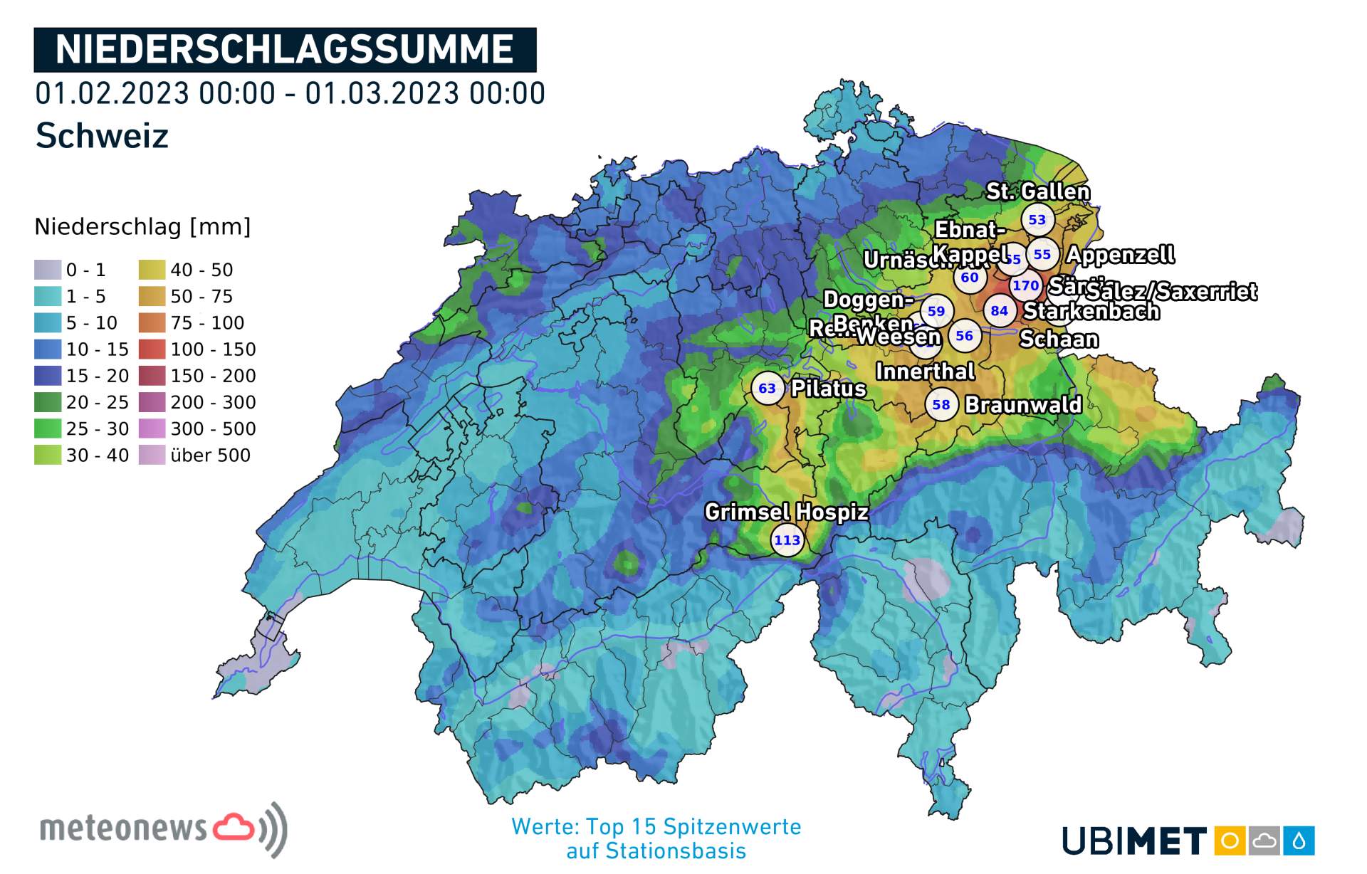 Quantités de précipitations en Suisse au mois de février; Source: MeteoNews