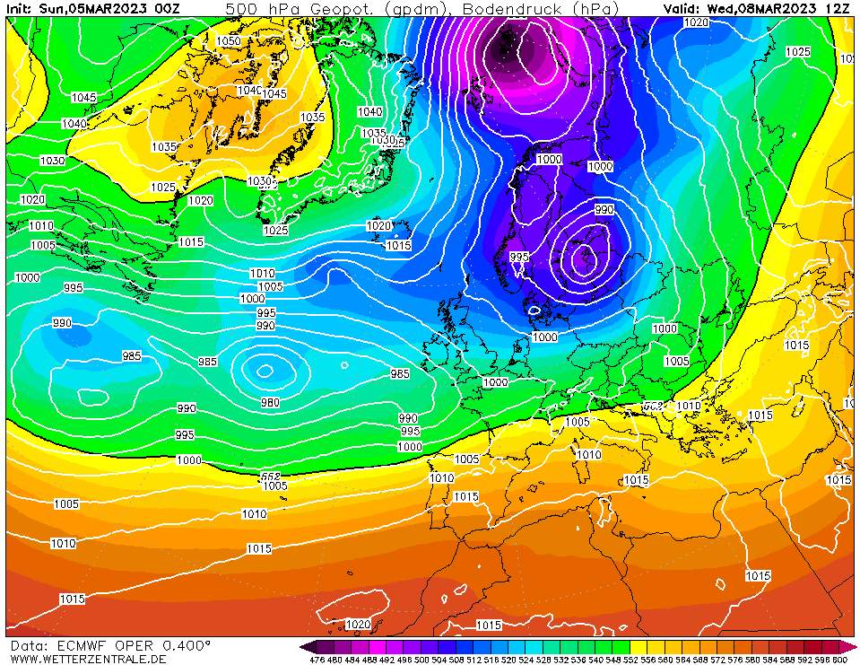Situation météo prévue pour mercredi prochain en Europe selon le modèle ECMWF; Source: Wetterzentrale