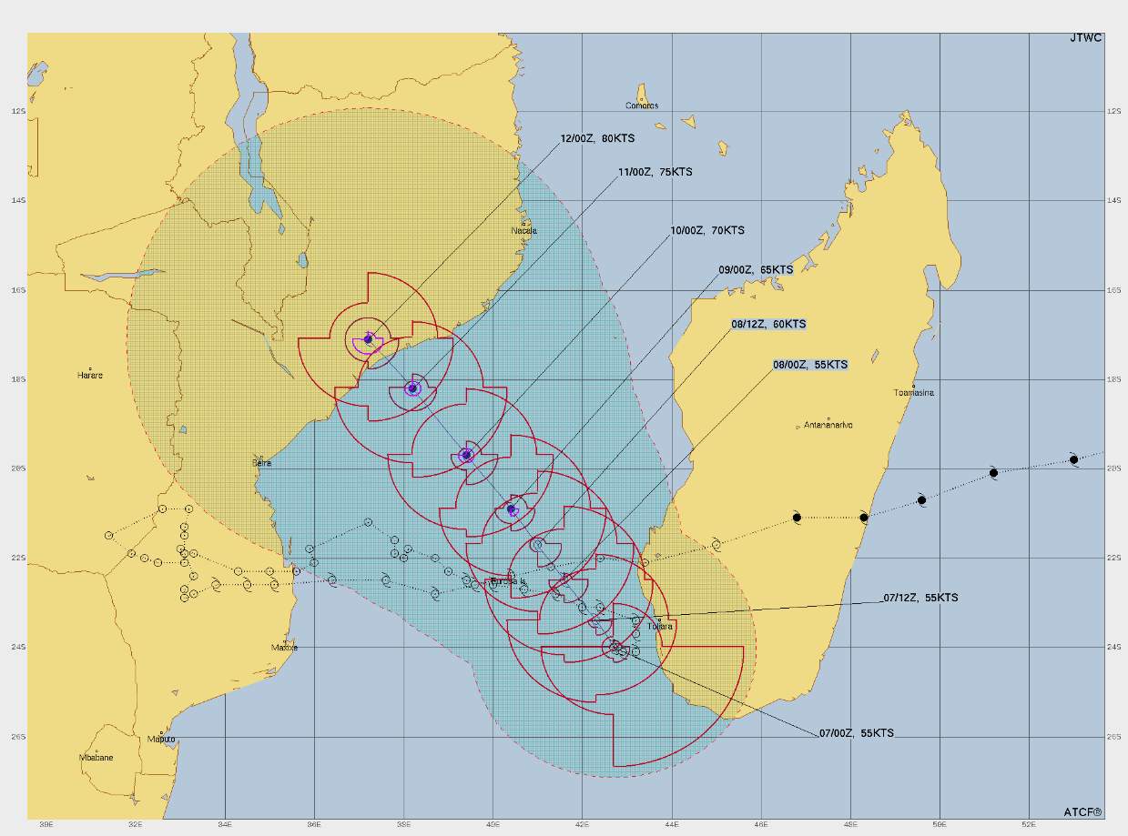 Abb. 2: Prognostizierte Zugbahn von Zyklon Freddy; Quelle: Joint Typhoon Warning Center