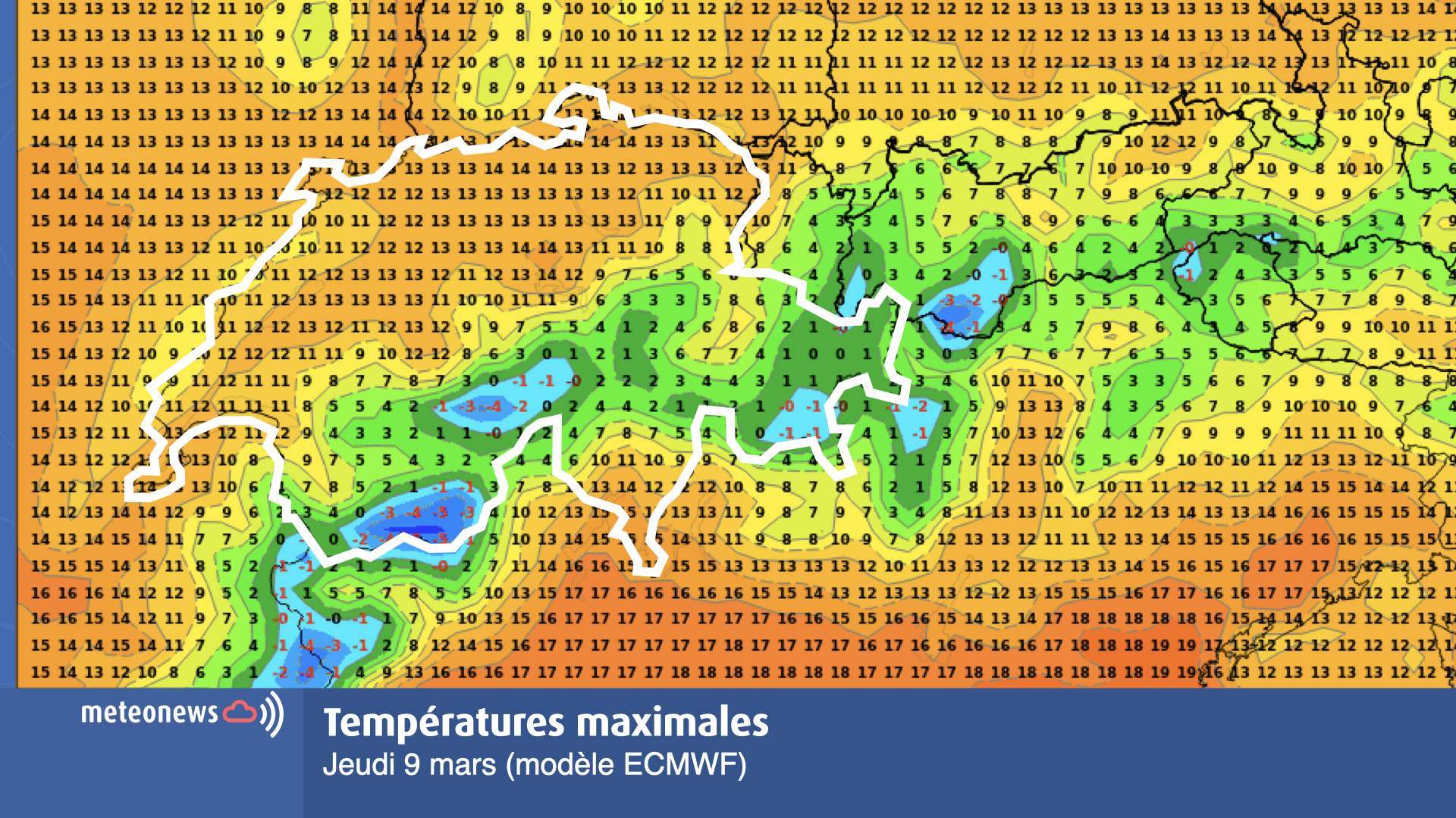 Fig. 4: Températures maximales prévues pour le jeudi 9 mars au-dessus de la Suisse; Source: Modèle ECMWF