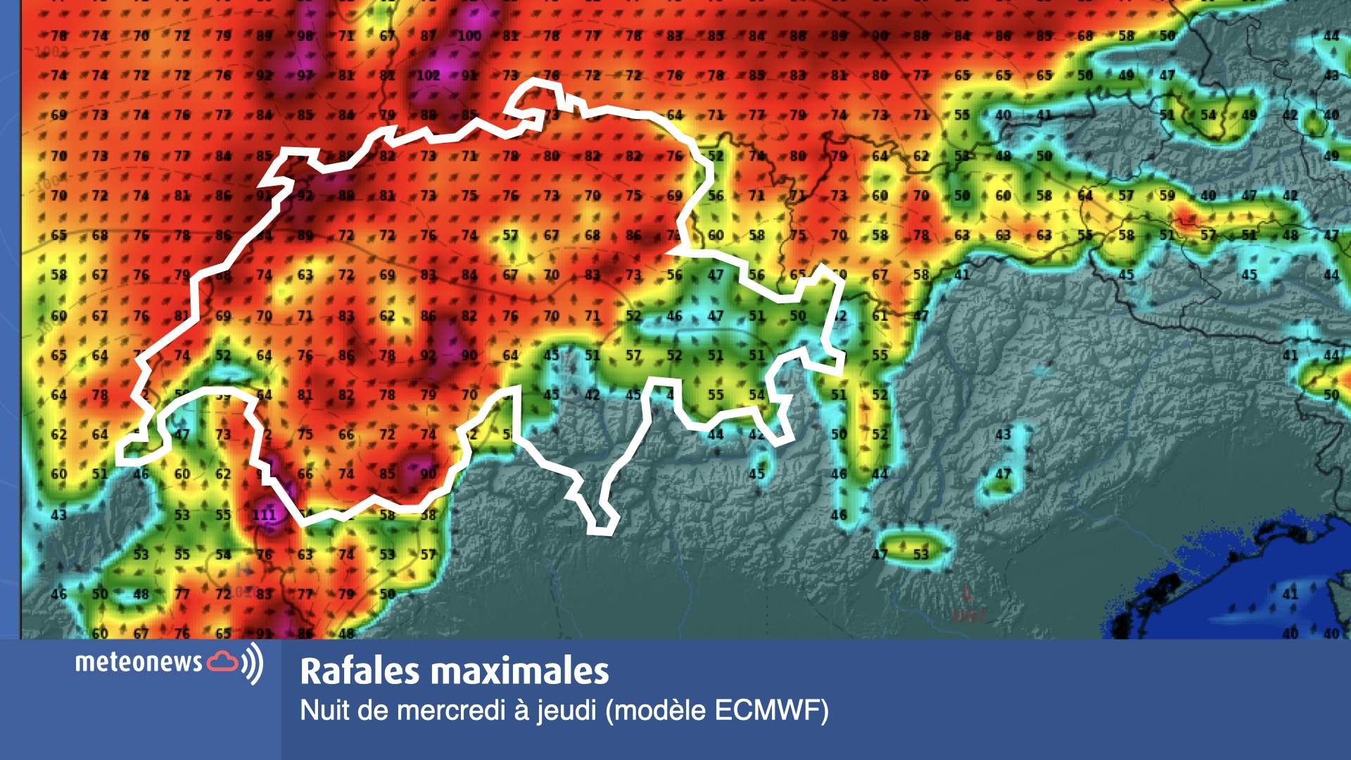 Fig. 3: Rafales de vent attendues au-dessus de la Suisse durant la nuit de mercredi à jeudi; Source: Modèle ECMWF