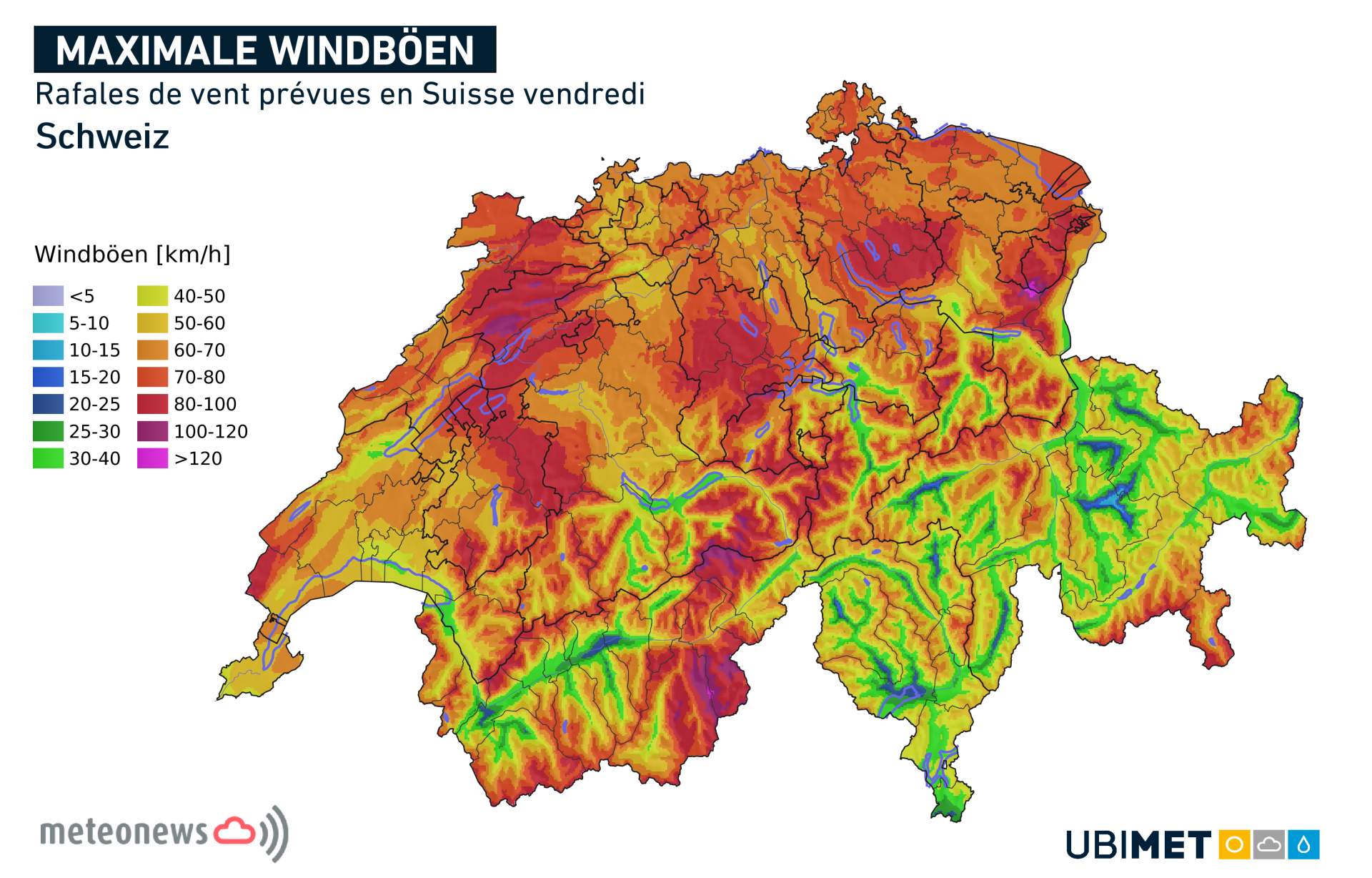 Rafales de vent prévues en Suisse vendredi; Source: MeteoNews