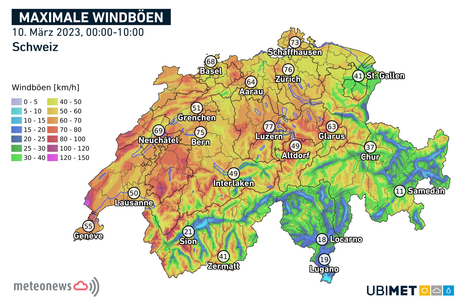 Rafales de vent mesurées en Suisse ce vendredi matin; Source: MeteoNews