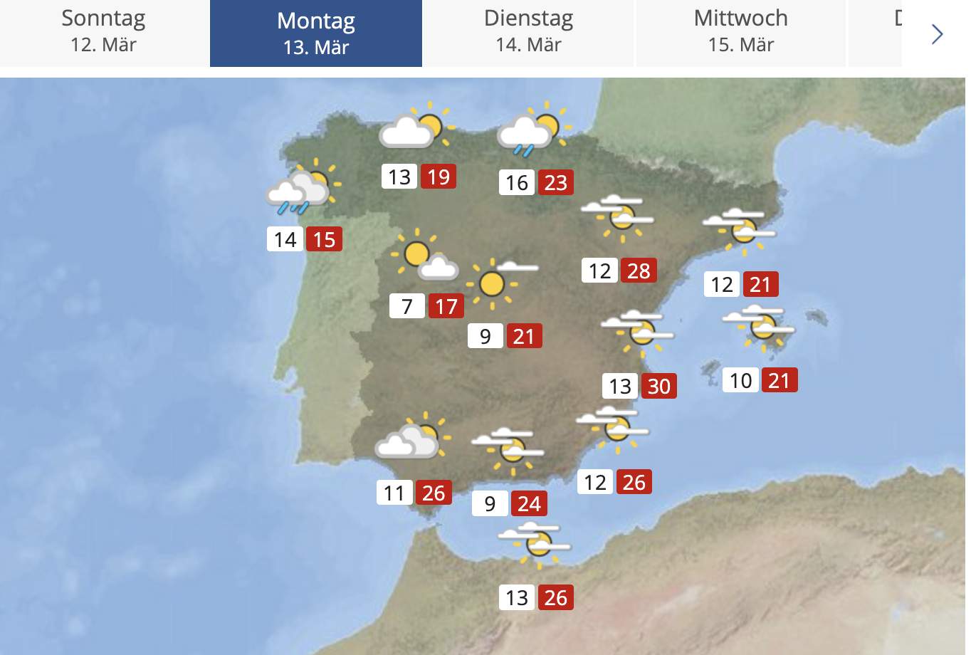 Abb. 3: Wetterprognose für Spanien für Montag 13. März 2023; Quelle: MeteoNews AG