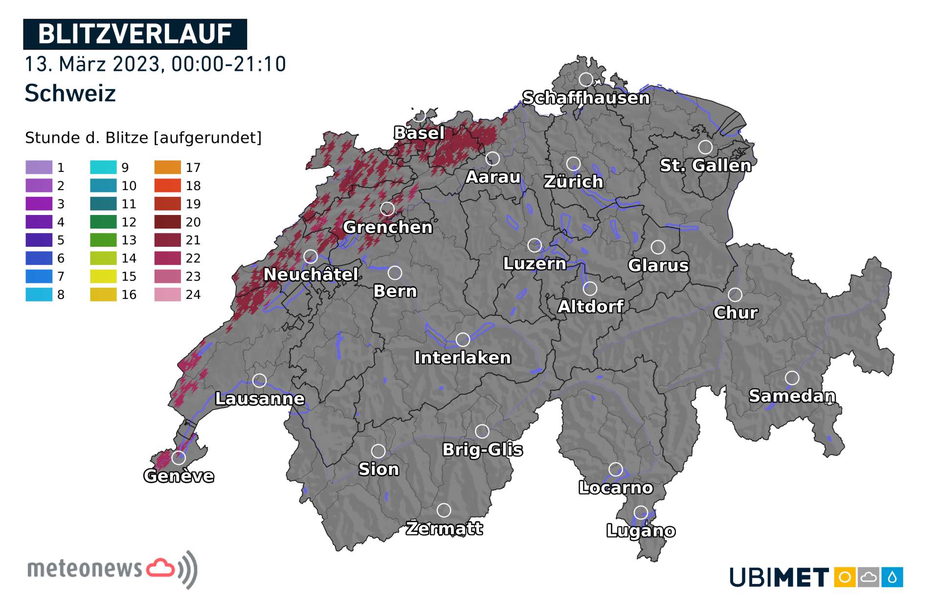 Abb. 1: Blitzverlauf Schweiz am 13. März bis 21:10 Uhr; Quelle: MeteoNews AG / UBIMET
