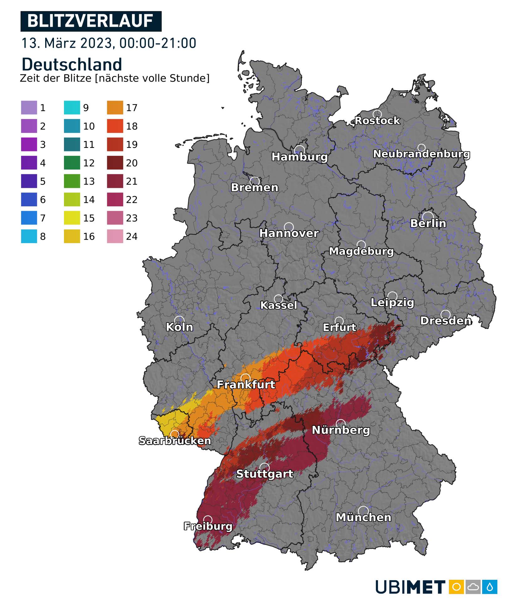 Abb. 2: Blitzverlauf in Deutschland am 13. März bis 21:00 Uhr; Quelle: UBIMET