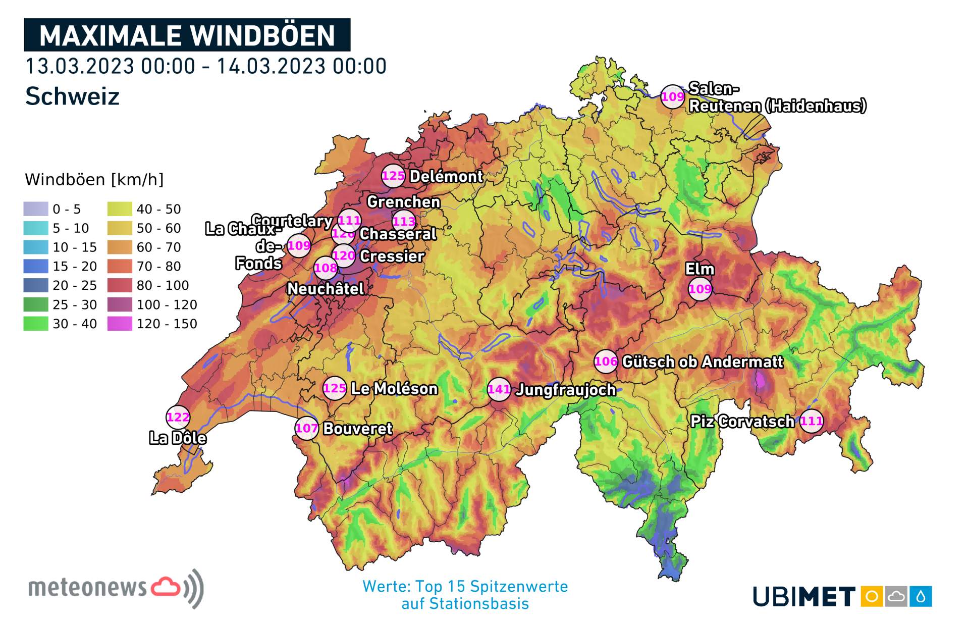 Rafales de vent mesurées en Suisse la nuit dernière; Source: MeteoNews