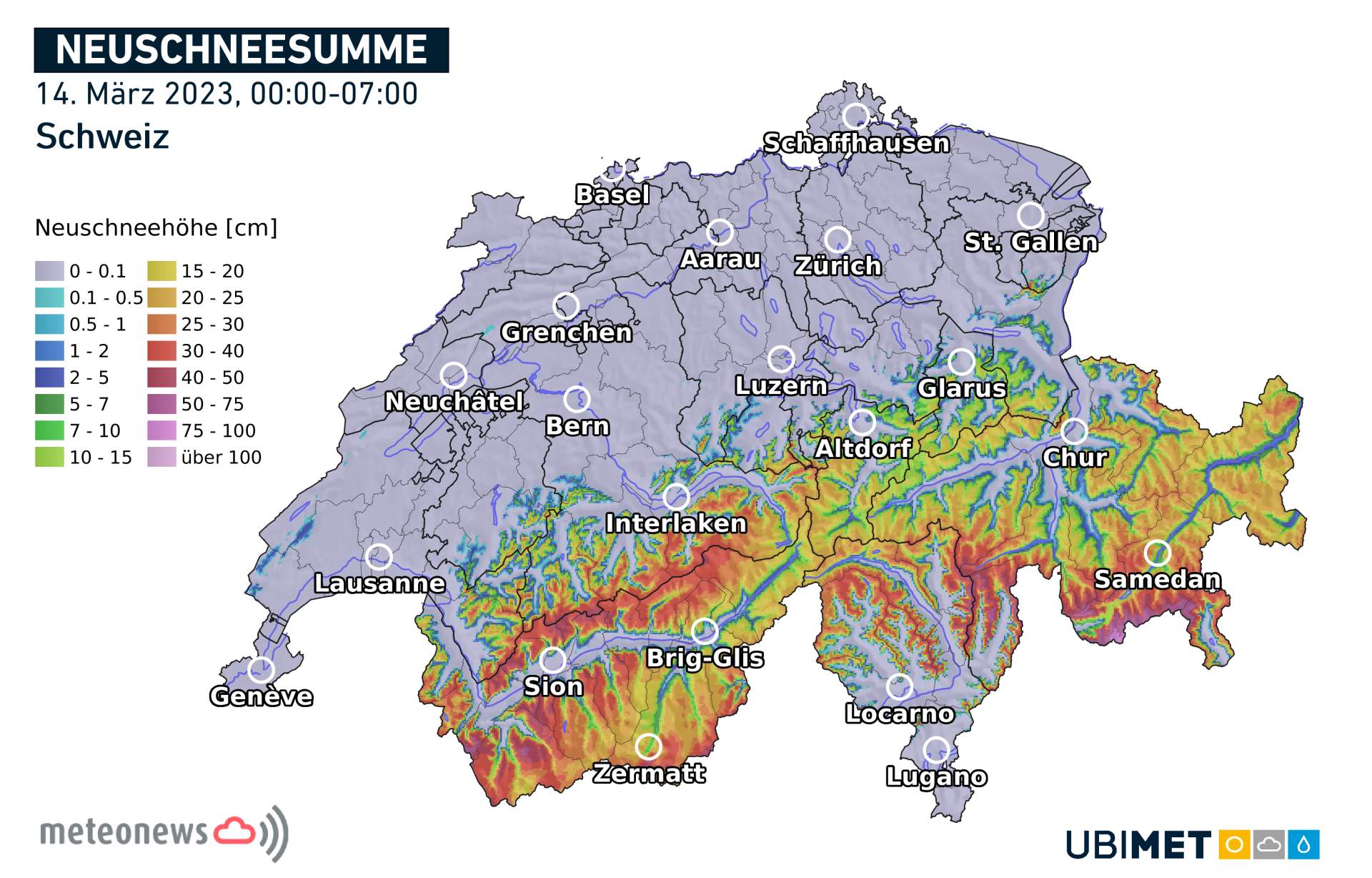 Neige fraîche mesurée ce mardi à l'aube en Suisse; Source: MeteoNews