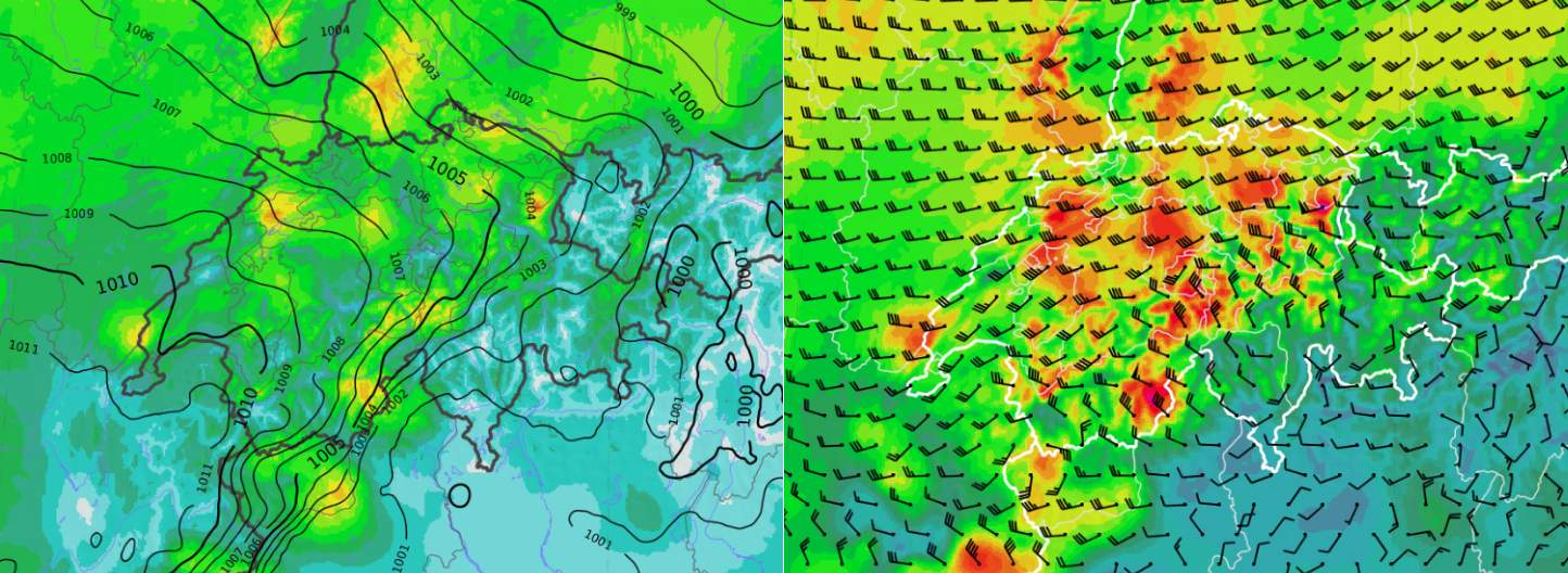 Abb. 4: Druckanstieg von Westen her, in der Folge starker Südwest- bis Westwind mit Böen von 60 bis 80 km/h. Darstellung für 12 UTC; Quelle: MeteoNews, Ubimet