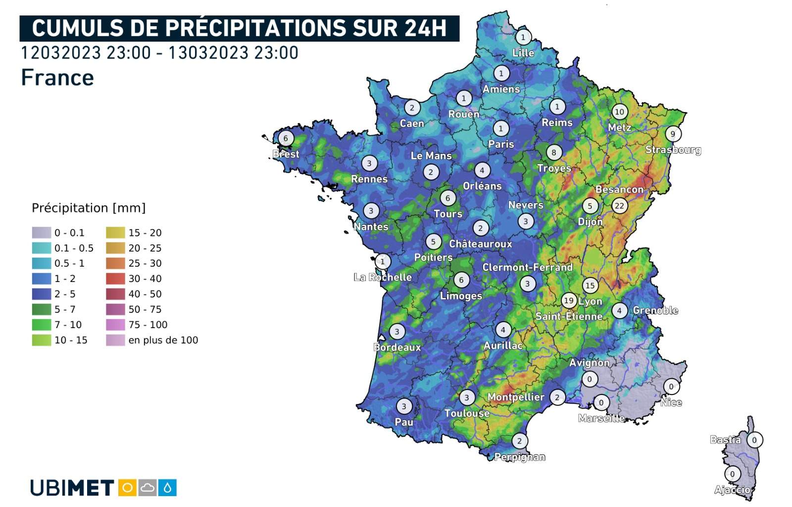 Fig. 3: Cumul des pluies lundi; Source: Ubimet