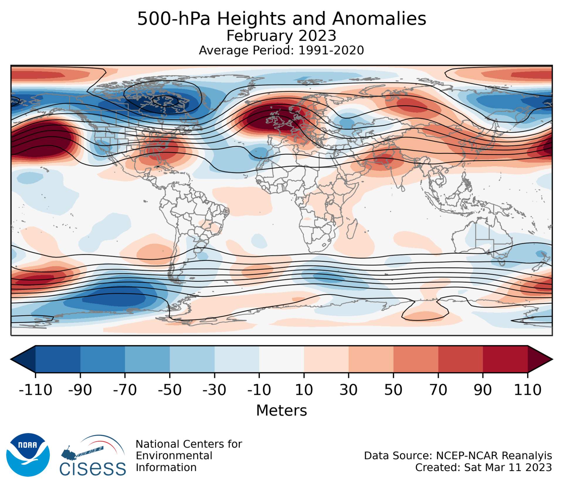 Anomalies à 500 hPa en février 2023; Source: NOAA