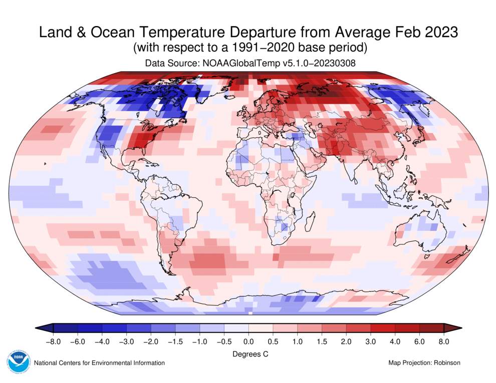 Ecarts thermiques à la normale mesurés en février 2023; Source: NOAA