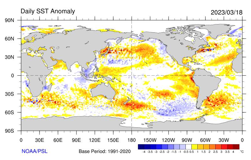 Anomalie de températures des océans le 18 mars 2023; Source: NOAA - Maine University
