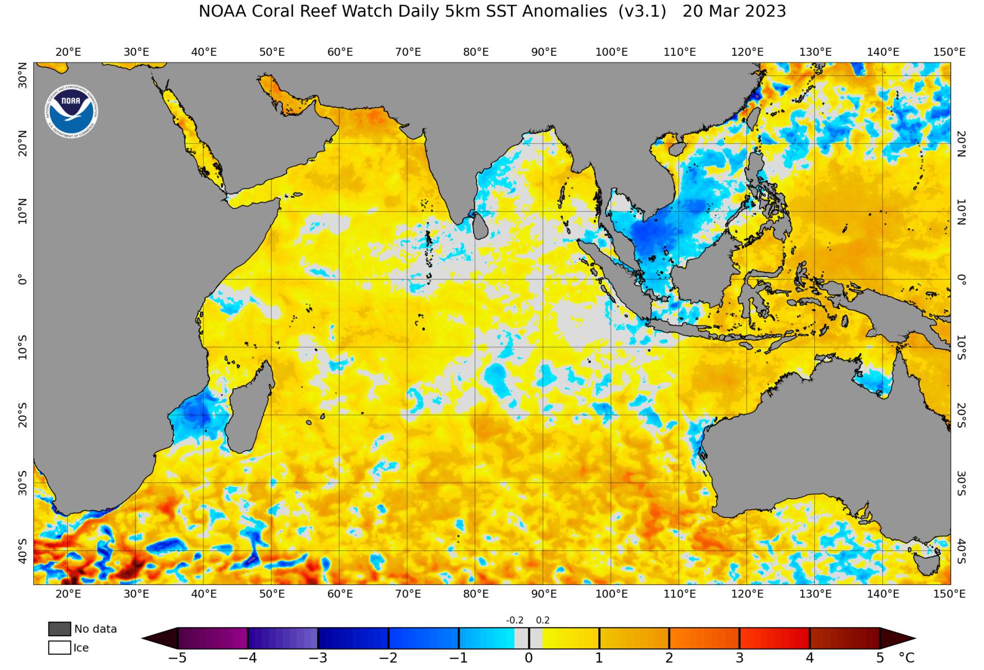 Abb. 4: Abweichung der Meeresoberflächentemperatur von der Norm im Indischen Ozean; Quelle: NOAA