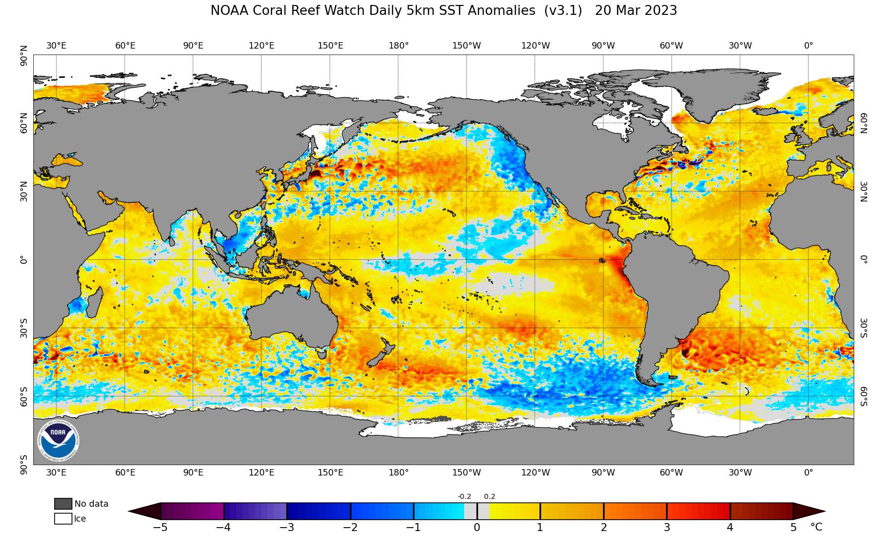 Abb. 3: Aktuelle globale Abweichung der Meeresoberflächentemperatur von der Norm; Quelle: NOAA