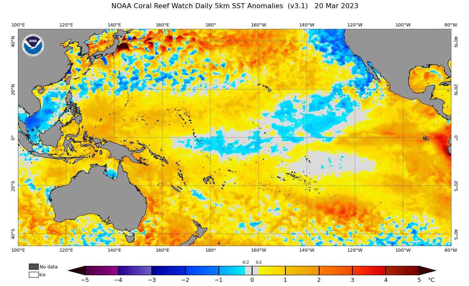 Abb. 1: Abweichung der Meeresoberflächentemperatur von der Norm im Pazifik; Quelle: NOAA