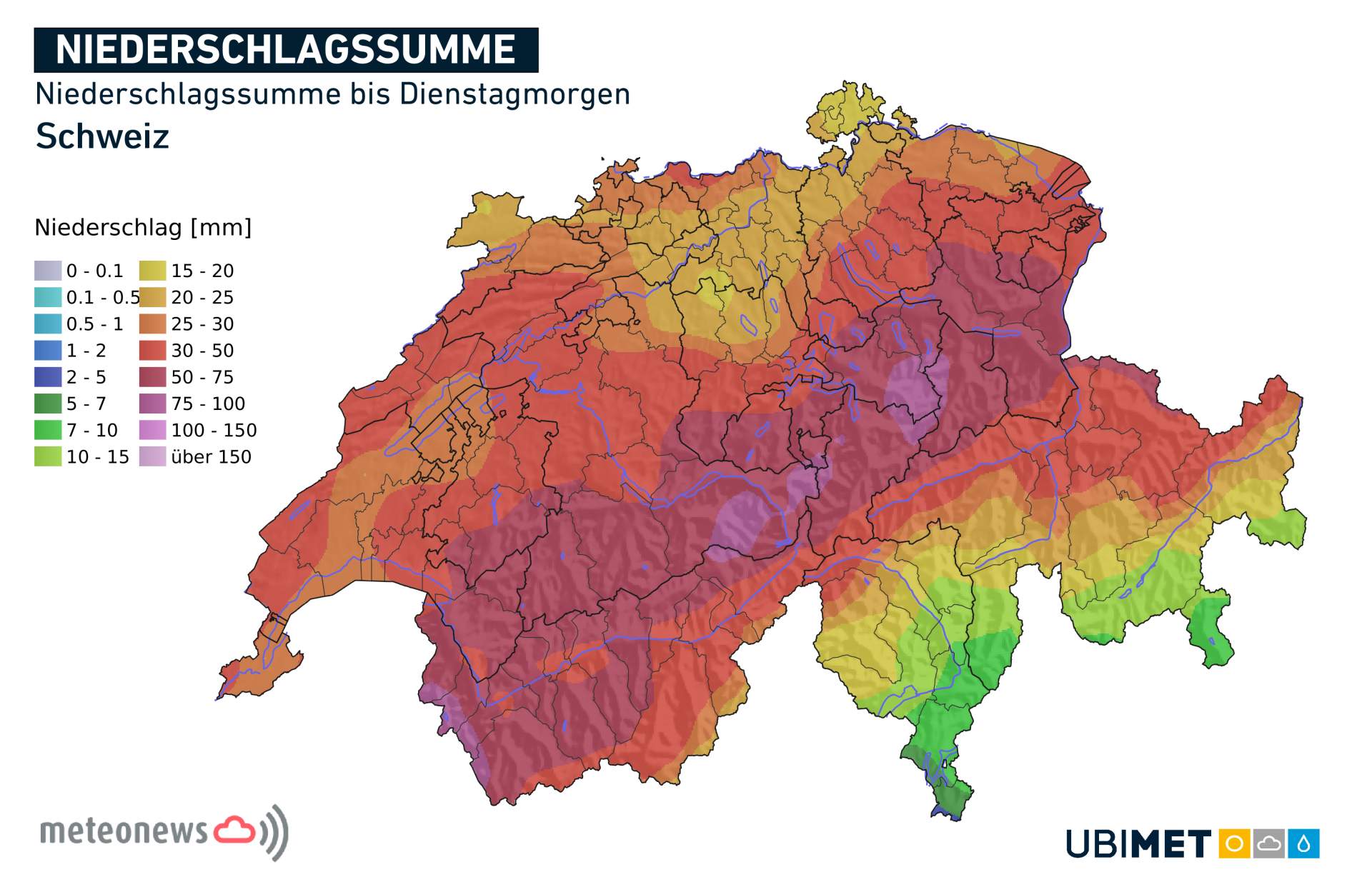 Abb. 5: Berechnete Niederschlagssumme bis Dienstagmorgen; Quelle: MeteoNews, Ubimet