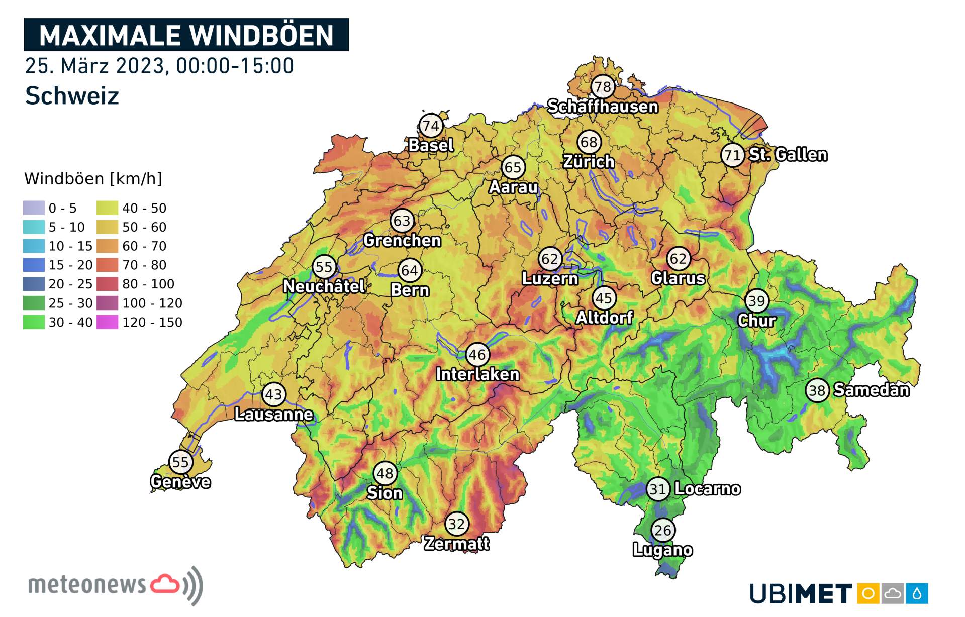 Abb. 1: Grösste Windböen heute (v.a. Städte); Quelle: MeteoNews, Ubimet