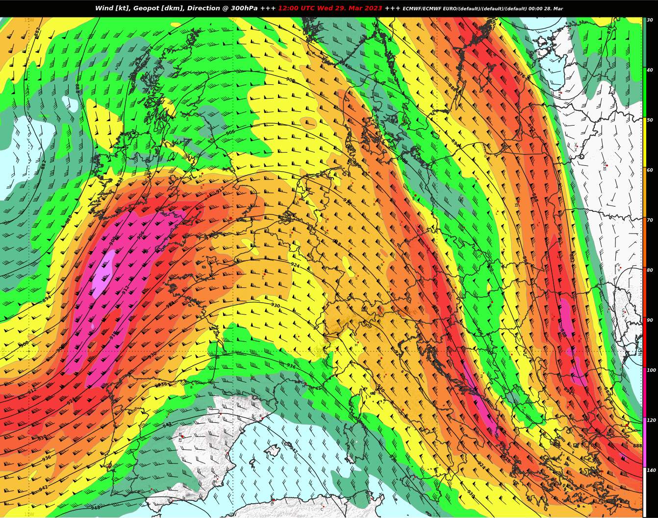 Abb. 1: Vom ECMWF prognostizierter Wind auf 300 hPa (ca. 9 km) am Mittwoch um 14 Uhr; Quelle: UBIMET, MeteoNews