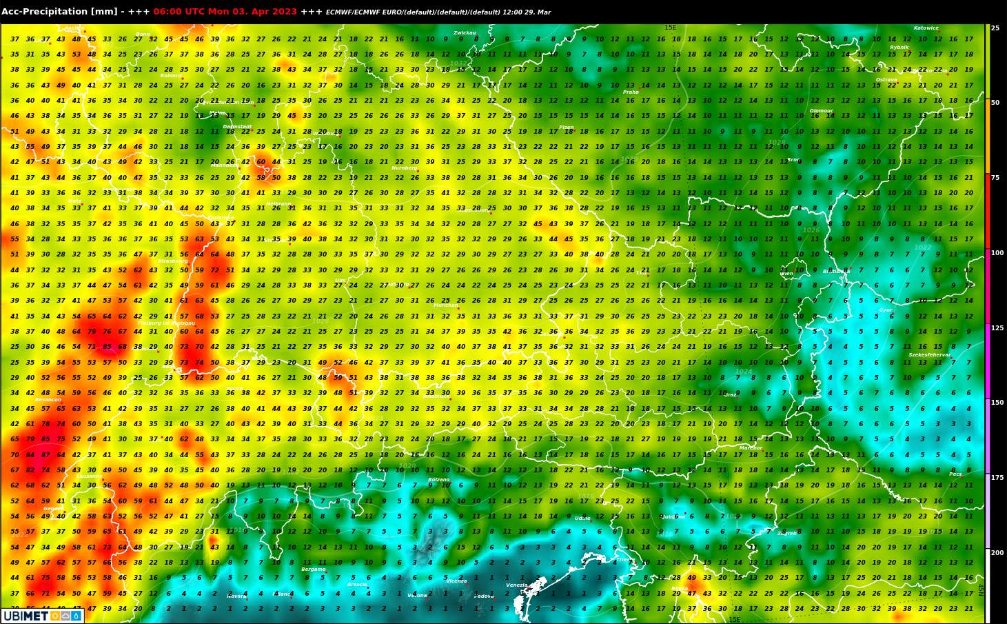 Abb. 1: Berechnete Niederschlagssumme bis Montagmorgen (europäisches Wettermodell ECMWF); Quelle: MeteoNews, Ubimet