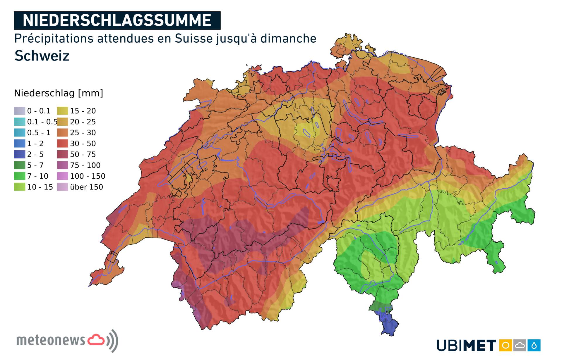 Quantités de précipitations prévues en Suisse jusqu'à dimanche; Source: MeteoNews