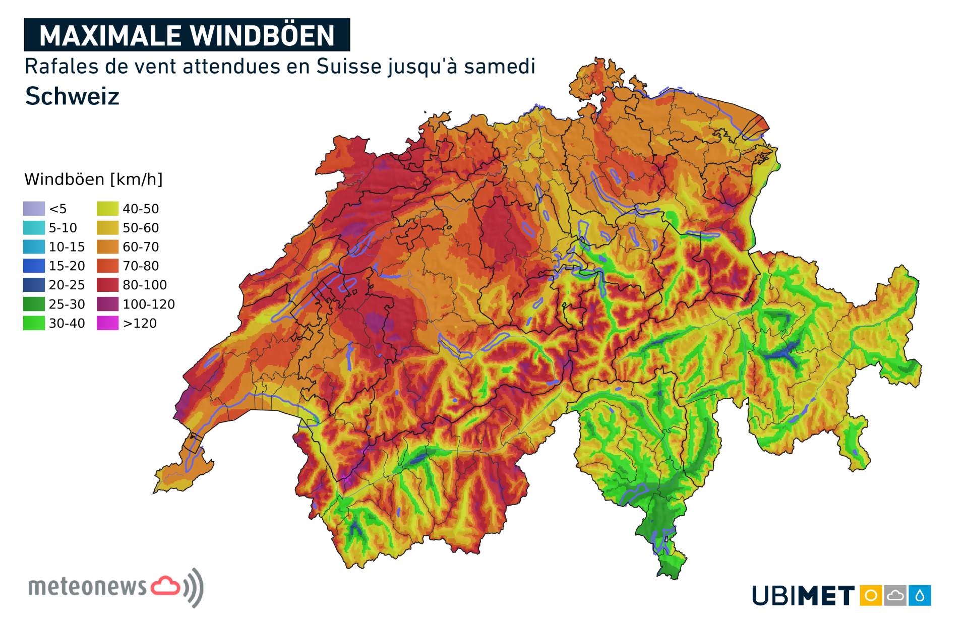 Rafales de vent prévues en Suisse jusqu'à samedi; Source: MeteoNews