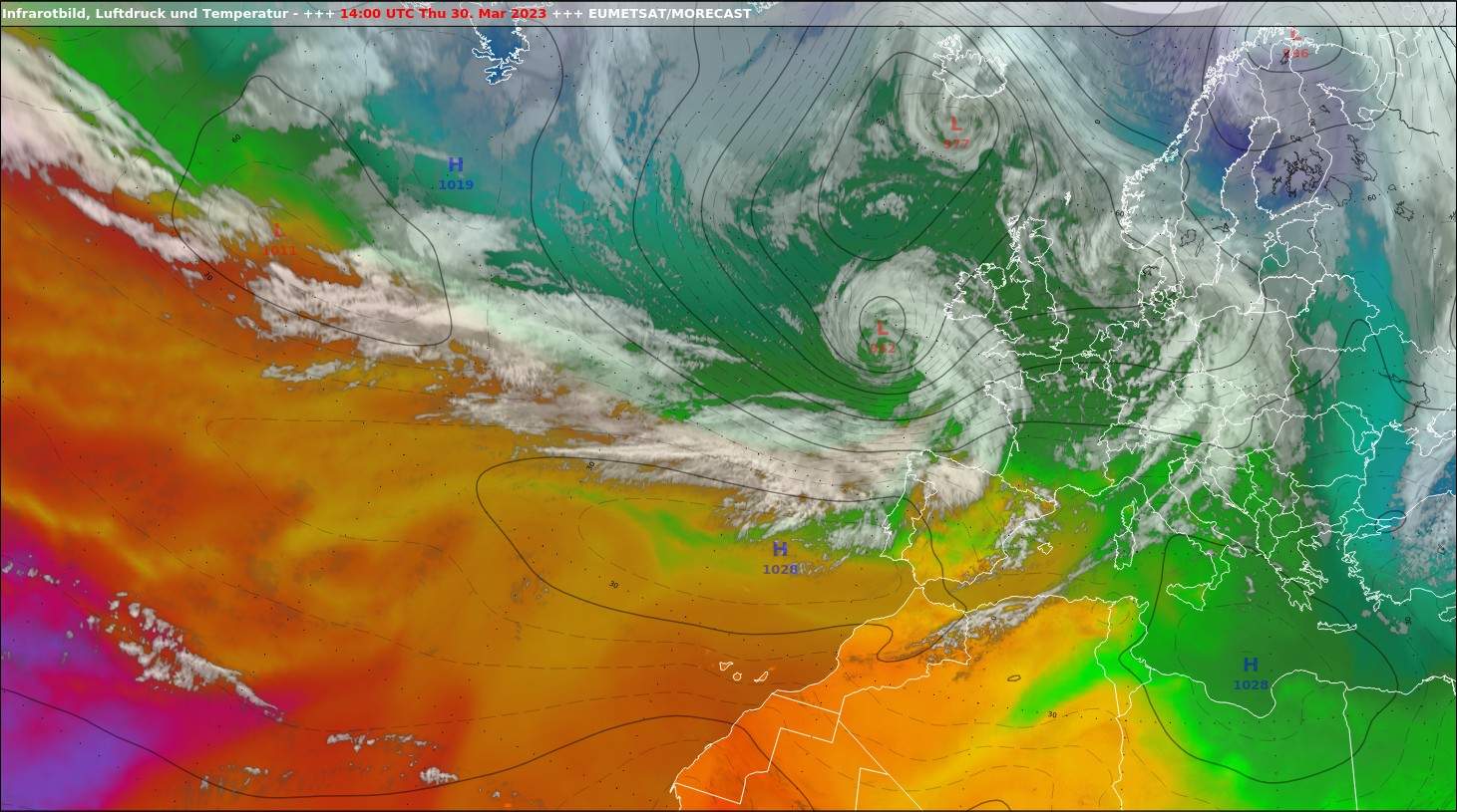 Fig. 1: Ci-dessus la tempête Mathis le jeudi 30 mars à 16h; Source: EUMETSAT, présentation par UBIMET