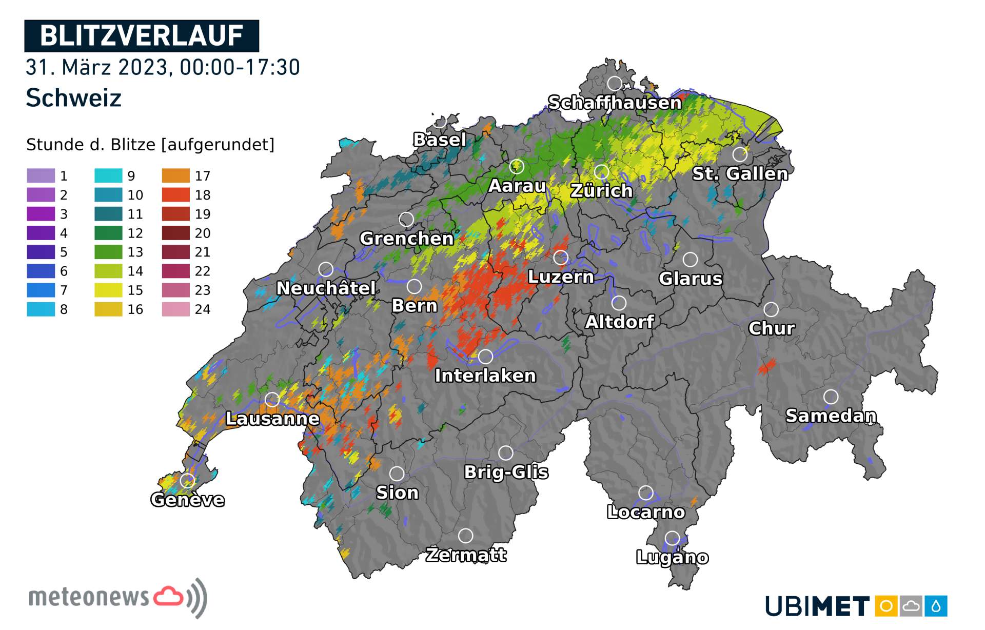 Fig. 5: Séquences orageuses au-dessus de la Suisse le 31 mars; Source: UBIMET
