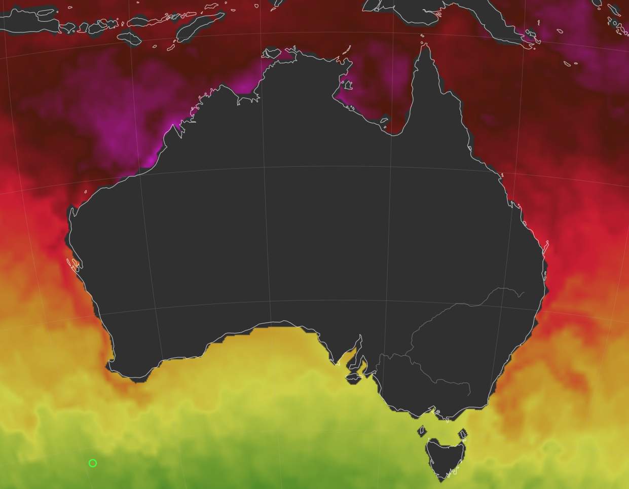 Fig. 3: Water surface temperatures (reddish tones &gt; 25 degrees, violet-pink &gt; 30 degrees); Source: Earth Nullschool (dargestellte Daten von UK Met Office)