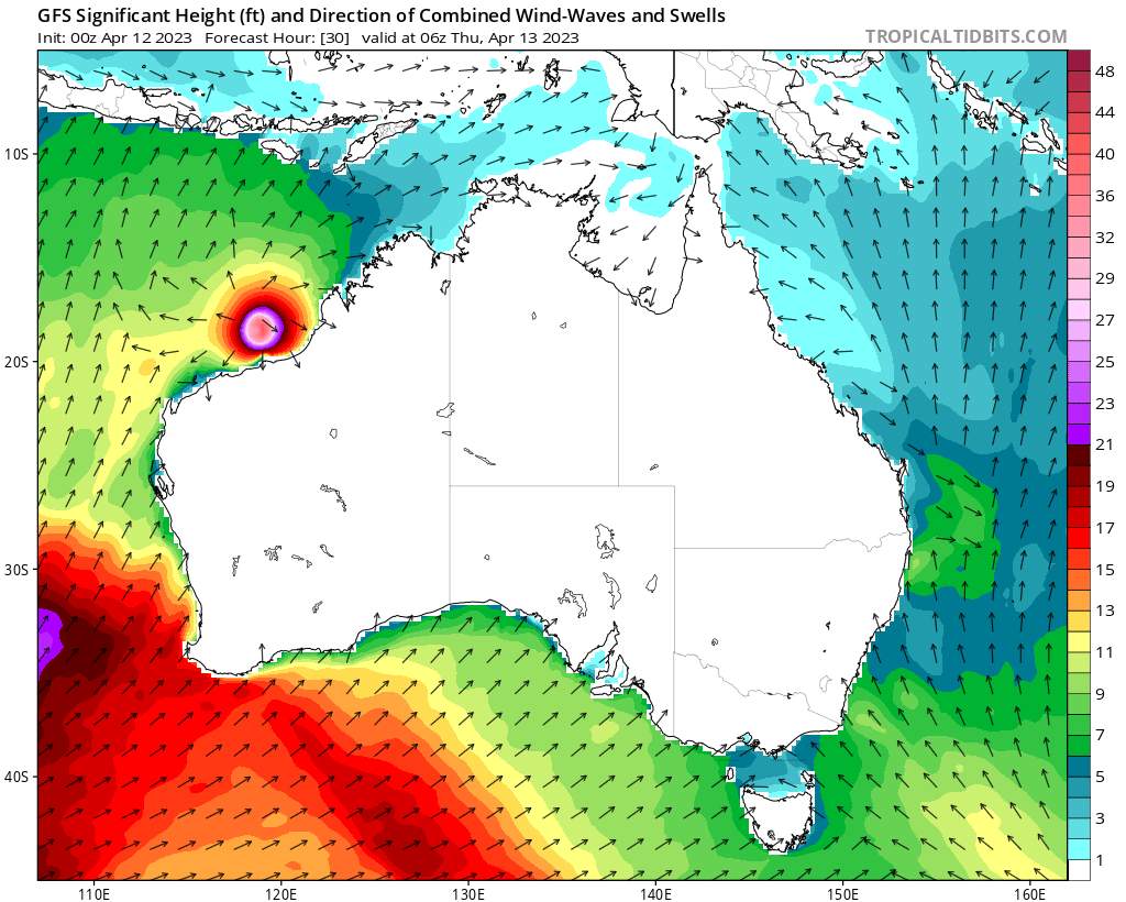 Fig. 6: Wave heights just before landfall of Cyclone Ilsa according to the GFS; Source: Tropical Tidbits