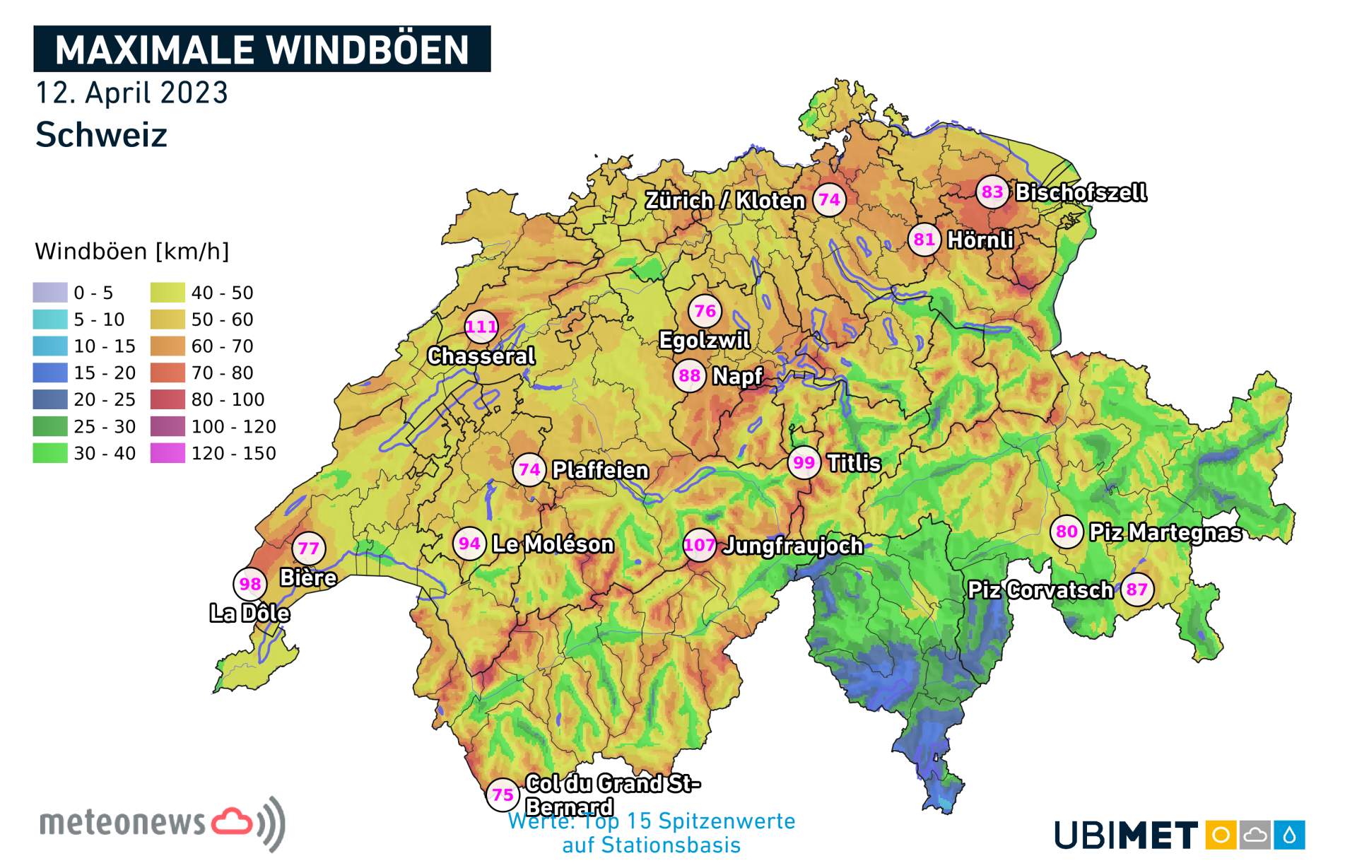 Abb. 2: Maximale Windspitzen am Mittwoch, 12. April 2023.; Quelle: UBIMET, MeteoNews