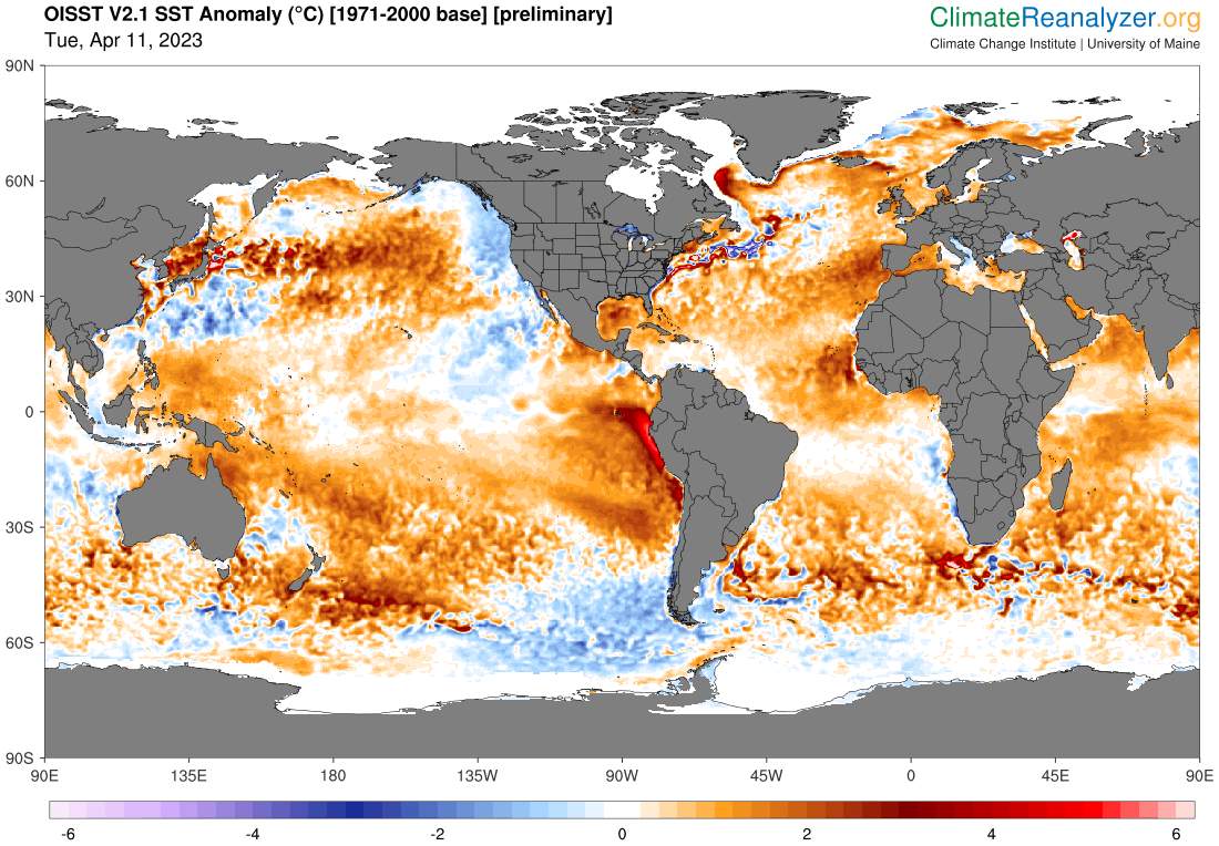 Abb. 2: Aktuelle Anomalie der Meeresoberflächentemperatur; Quelle: climatereanalyzer