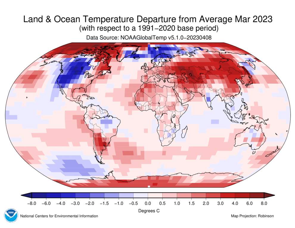 Anomalies thermiques sur Terre en mars 2023; Source: NOAA