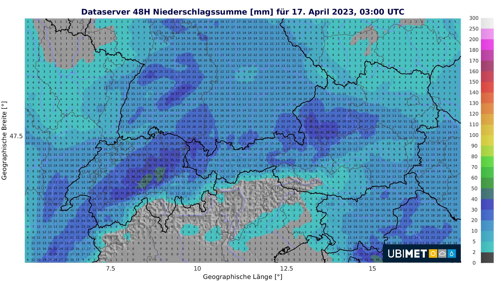 Abb. 1: Niederschlagsmenge in den kommenden 48 Stunden bis Montagmorgen; Quelle: MeteoNews, Ubimet