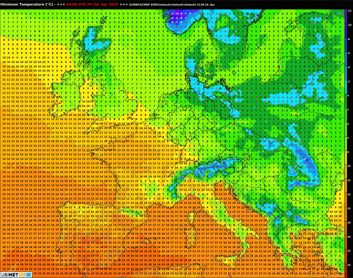 Abb. 3: Prognostizierte Tiefsttemperaturen für Freitag, 29. April 8 Uhr. In Südspanien sind Tropennächte zu erwarten.; Quelle: UBIMET, MeteoNews