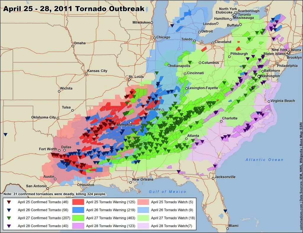 Fig. 3: Overview of all tornadoes from April 25-28, 2011; Source: U.S. Tornados