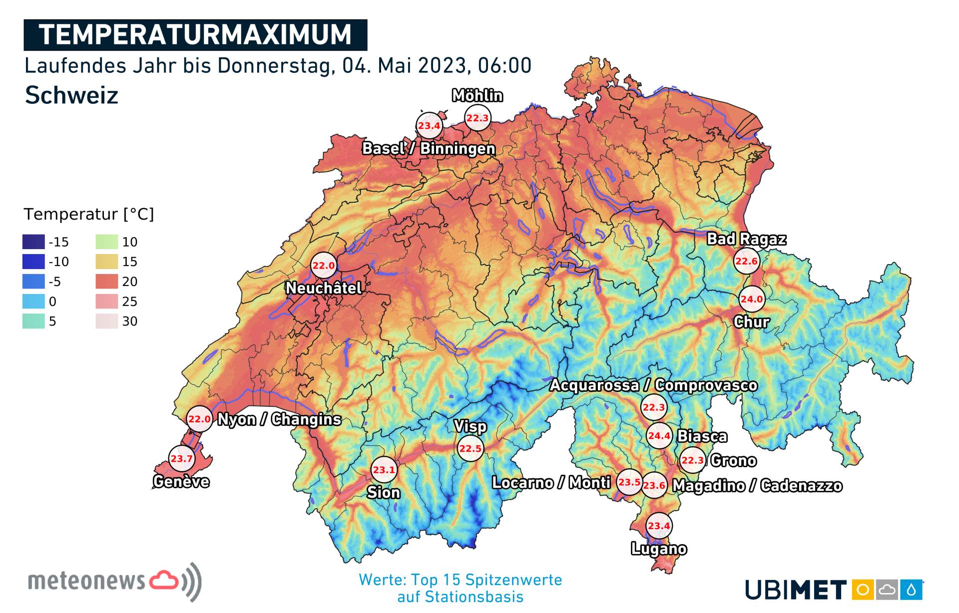 Températures maximales mesurées en 2023 en Suisse; Source: MeteoNews