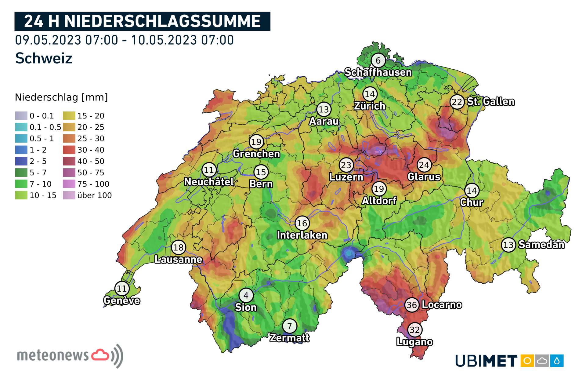 Précipitations en Suisse ces dernières 24 heures; Source: MeteoNews