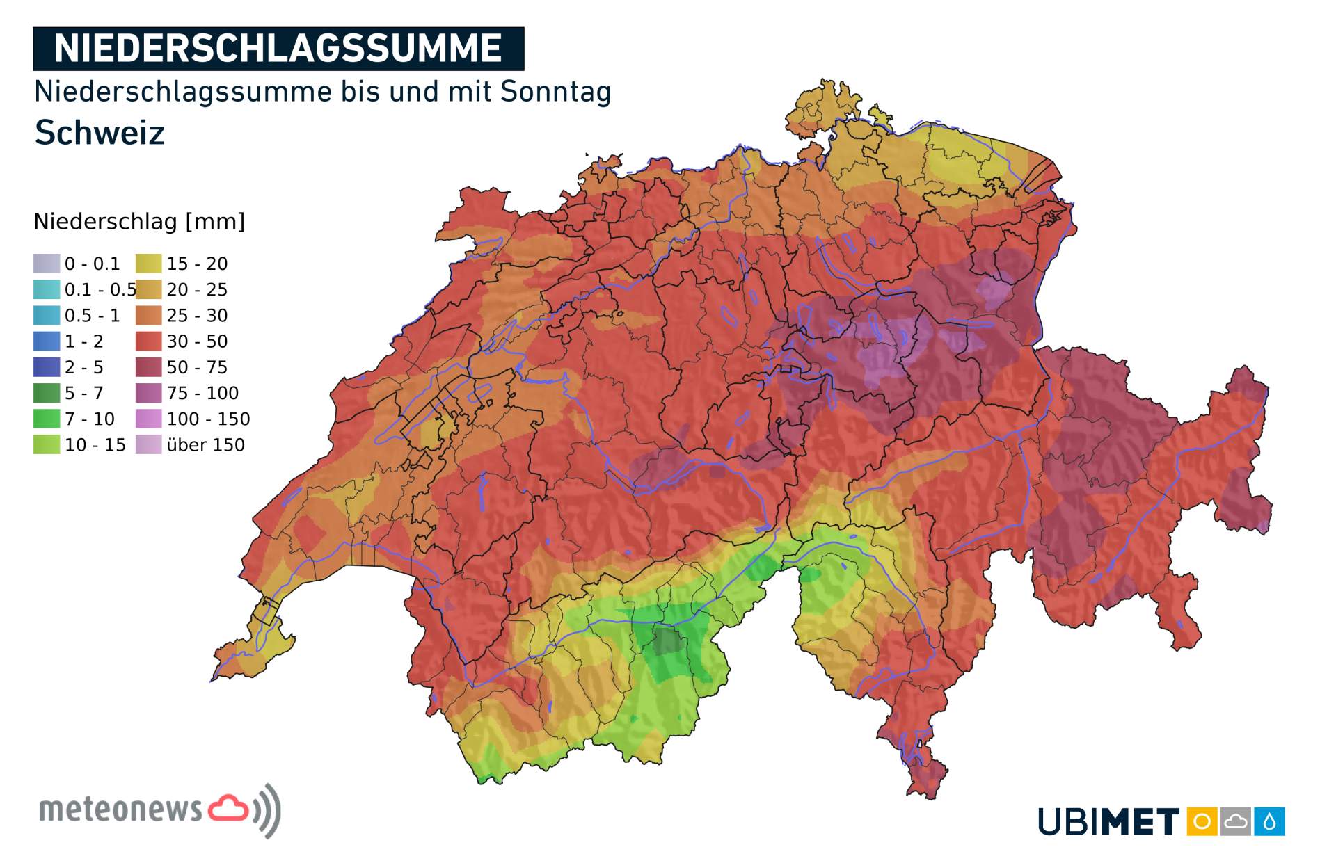 Abb. 5: Prognostizierte Niederschlagssumme bis und mit Sonntag, 14. Mai 2023; Quelle: UBIMET, MeteoNews