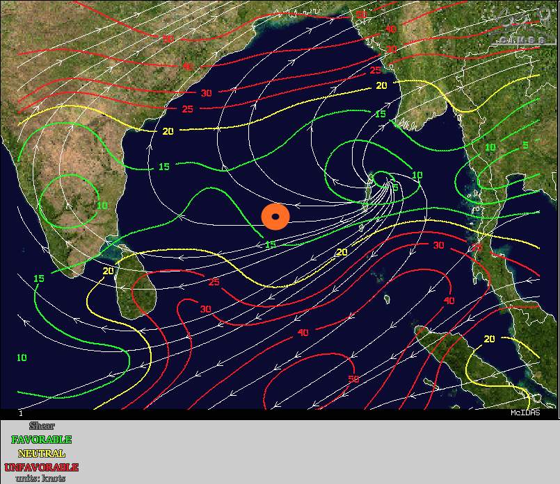 Abb. 4: Windscherung über dem Golf von Bengalen. Grün weist auf wenig, rot auf starke Scherung hin; Quelle: CIMSS