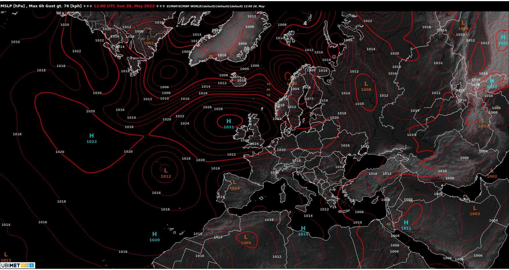 Abb. 2: Bodendruckkarte vom Pfingstsonntag mit dem wetterbestimmenden Hoch Vera im Atlantik vor der Küste Irlands; Quelle: MeteoNews, Ubimet