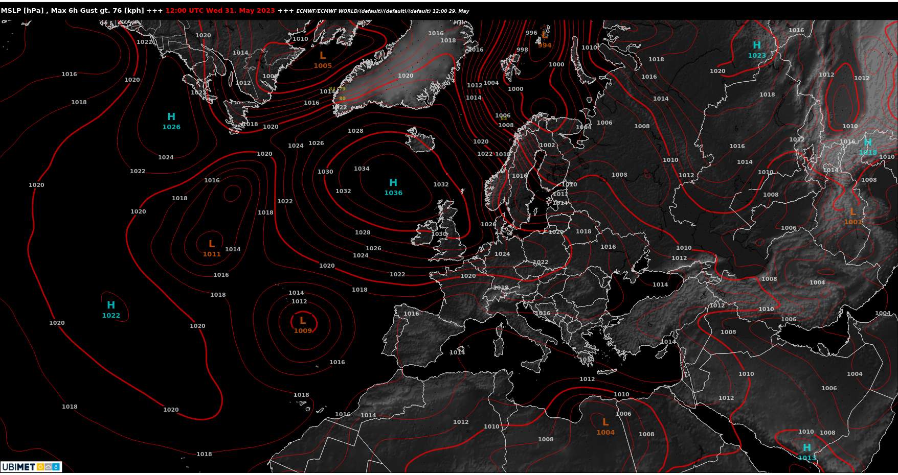 Abb. 1: Hoch Wiola im Atlantik nordwestlich von Irland bestimmt unter der Woche unser Wetter; Quelle: Ubimet